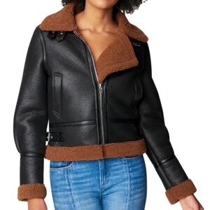 Blank NYC Black Leather Jacket with Tan Trim